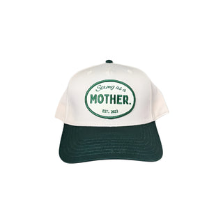 Vintage Mother Canvas Patch Hat in green and cream with embroidered patch, casual style, by Mother Hats.