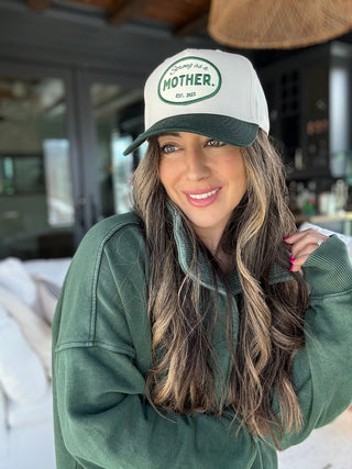 Vintage Mother Canvas Patch Hat in green and cream with embroidered patch, made by Mother Hats.