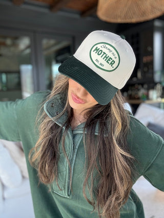 Vintage Mother canvas patch hat in green and cream with embroidered details, casual unisex style for everyday wear.