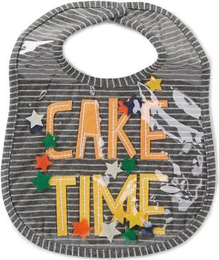 Mud Pie Cake Time Birthday Bib Bib with 'CAKE TIME' text and star decorations on a gray background