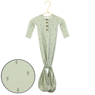 Lou Lou and Company Knit Knotted Gown - Nash
Light green baby outfit with button details on a hanger, inset showing pattern detail.