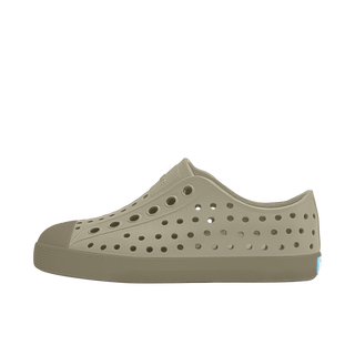 Native Jefferson Shoes - Elm Green / Vetiver Grey Khaki shoe with holes on a white background