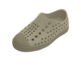 Native Jefferson Shoes - Elm Green / Vetiver Grey Beige slip-on shoe with perforated design on a white background