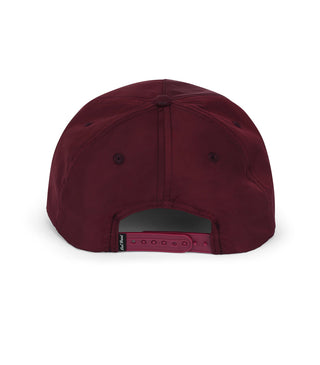 Maroon and white Dad Brand rope hat with adjustable strap, casual style for men, shown from the back.