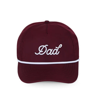 Dad Brand Dad Rope Hat | Maroon & White
Maroon cap with 'Dad' embroidered on a white background