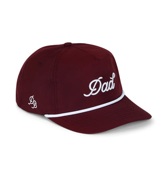 Dad Brand Dad Rope Hat | Maroon & White
Maroon cap with 'Dad' embroidered on it against a white background