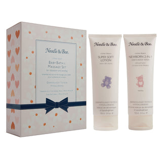 Noodle & Boo baby bath and massage gift set with pink daisies and hearts, includes gentle bath and body products for infants.