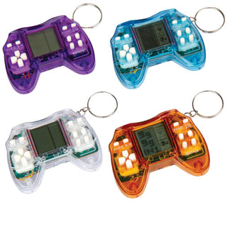 Playmaker World's Tiniest Brick Stacker
Four colorful electronic keychains shaped like game controllers on a white background.