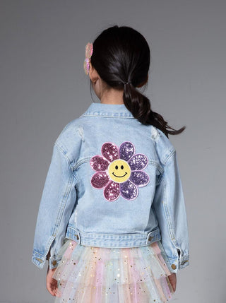 PH Play by Petite Hailey Patched Denim Jacket - Sequin Pink Daisy, Petite Hailey, cf-size-3, cf-size-5, cf-size-6, cf-type-coats-&-jackets, cf-vendor-petite-hailey, Daisy, Denim Jacket, Patch