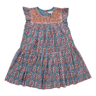 Pink Chicken Girls Fiona Ruffle Dress - Blue Paisley Patterned dress on a white background