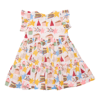 Pink Chicken Girls Jennifer Dress - Birthday Star Colorful children's dress with star and cake pattern on a white background