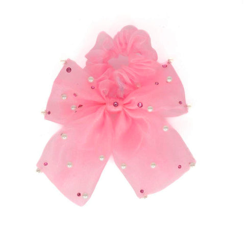 Bari Lynn Tulle Bow Scrunchie with Pearls & Swarovski Crystals - Pink