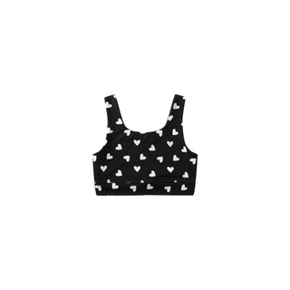 Play by Rylee & Cru Swift Sports Bra - Hearts
Black crop top with white heart patterns on a white background