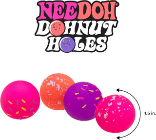 NeeDoh Teenie Dohnut Hole 4 Pack Sprinkles or powdered sugar-like toppings on a cakey texture
Colorful 'NEEDOH DOHNUIT HOLES' balls with a white background