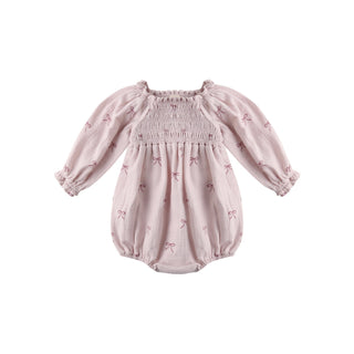 Quincy Mae Eden Romper - Bows
Pink baby romper with puff sleeves on a white background