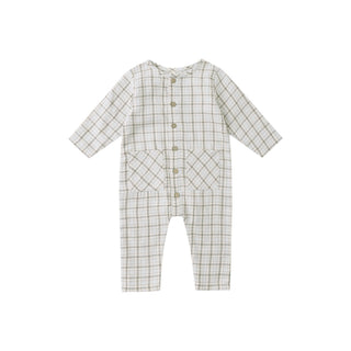 Quincy Mae Pocketed Woven Jumpsuit - Blue Plaid
Checkered baby romper on a white background