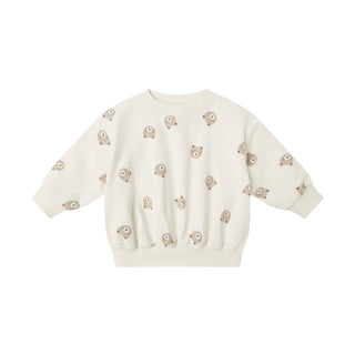 Quincy Mae Relaxed Sweatshirt & Relaxed Sweatpant Set - Brown Bear 
White sweater with decorative elements on a white background