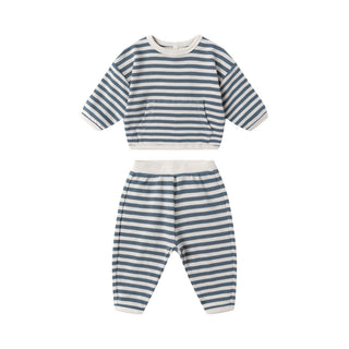 Quincy Mae Waffle Slouch Set - Ocean Stripe
Striped baby outfit with top and pants on a white background