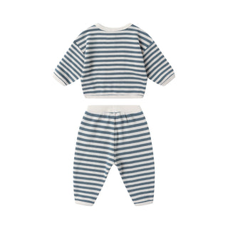 Quincy Mae Waffle Slouch Set - Ocean Stripe
Striped baby outfit with top and pants on a white background
