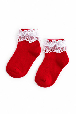 Little Stocking Co Lace Bobby Socks - Red & White
