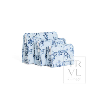 TRVL Designs Roadie Large Zip Pouch - Cowboy Toile
A set of four toile de Jouy pattern zippered pouches in light blue and navy blue, arranged by size on a white background with a 'TRVL design' watermark.