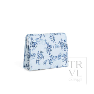 TRVL Designs Roadie Large Zip Pouch - Cowboy Toile
A light blue zippered pouch featuring a navy blue toile de Jouy-style print of horses and riders, shown on a white background with a 'TRVL design' watermark.