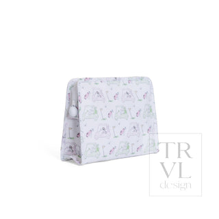TRVL Designs Roadie Large Zip Pouch - Putt Putt Pink
A white fabric travel pillow with a repeating pattern of small pink and green cartoon campers and tents, shown on a white background with a 'TRVL design' watermark.