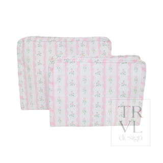 TRVL Designs Roadie Large Zip Pouch - Ribbon Floral Pink
Two pink and white striped pouches with floral pattern on a white background, featuring the TRVL design logo.