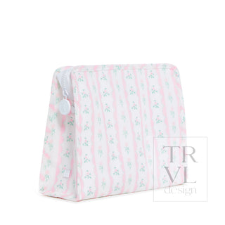 TRVL Designs Roadie Large Zip Pouch - Ribbon Floral Pink
Pink striped cushion with floral pattern on a white background, featuring the brand 'TRVL'.