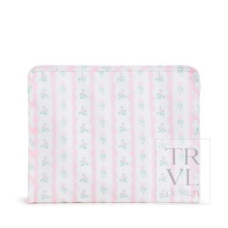 TRVL Designs Roadie Large Zip Pouch - Ribbon Floral Pink
Pink and white striped product with floral pattern on a white background, featuring the brand 'TRVL Design'.