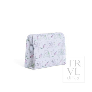 TRVL Designs Roadie Medium Zip Pouch - Putt Putt Pink
\A small zippered pouch with a white background and a repeating pastel pattern of pink flamingos and green-and-white seersucker-style figures, shown on a clean white background with a faint 'TRVL design' watermark in the lower right.