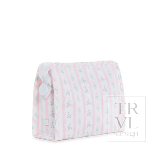 TRVL Designs Roadie Medium Zip Pouch - Ribbon Floral Pink
Pink and white striped pouch with floral pattern on a white background, featuring the brand 'TRVL design'.