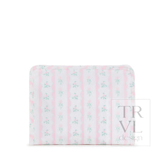 TRVL Designs Roadie Medium Zip Pouch - Ribbon Floral Pink
Pink and white striped pouch with floral pattern on a white background, featuring the brand 'TRVL design'.
