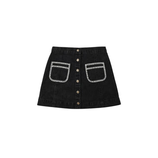 Rylee & Cru Denver Mini Skirt -  Washed Black
Black denim skirt with button details on a white background