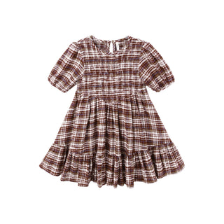 Rylee & Cru India Dress - Burgundy Plaid Plaid dress with short sleeves on a white background