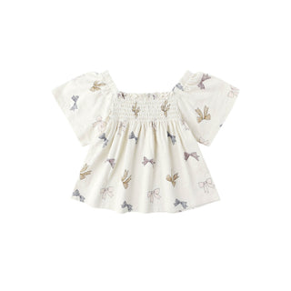Rylee & Cru Kate Top & Wide Leg Pant Set - Bows White blouse with butterfly pattern on a white background