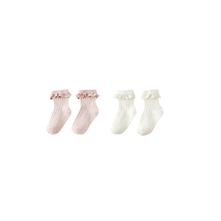 Rylee & Cru Lace Trim Socks 2 Pack - Blush / Ivory Set of four pairs of socks in pink and white on a white background