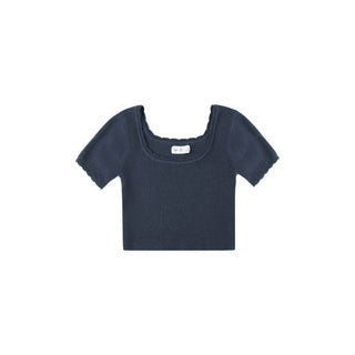 Rylee & Cru Scallop Tee - Navy Navy blue crop top on a white background