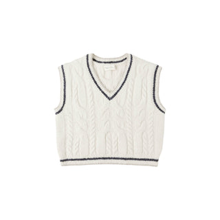 Rylee & Cru Sweater Vest - Natural White cable knit vest with black trim on a white background