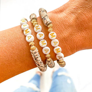Savvy Bling, Gold Mama Bracelet - Brown Speckle Dalmatian Heishi - Basically Bows & Bowties