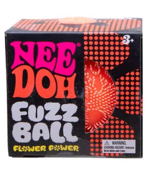 Schylling NeeDoh Flower Power Fuzz Ball Five boxes of Nee Doh Fuzz Ball with colorful designs on a white background.