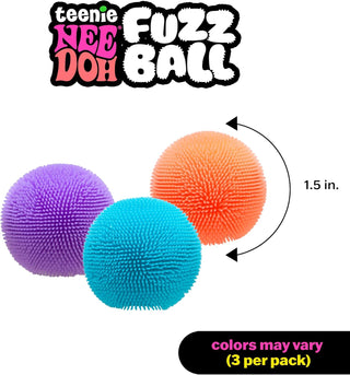 Schylling NeeDoh Teenie Fuzz Ball 3 Pack (Assorted Colors) 
Three colorful fuzzy balls with 'teenie Nee Doh' branding on a white background.