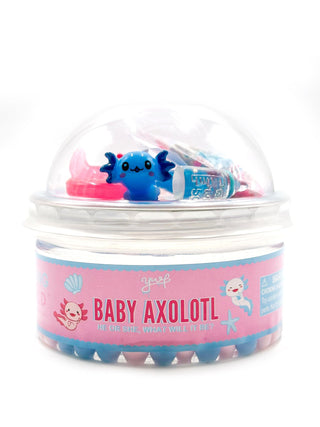 Young Wild and Friedman Slime - Baby Axolotl
Jar of baby axolotls with a pink label on a white background