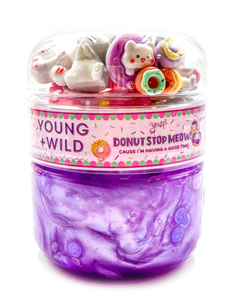 Colorful Donut Stop Meow slime by Young Wild and Friedman with a creamy, textured appearance in a playful donut shape.