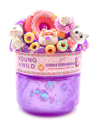 Colorful Donut Stop Meow slime by Young Wild and Friedman with a glossy, gooey texture and donut-shaped charm.