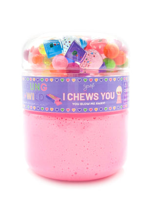 Young Wild and Friedman I Chews You slime, vibrant and stretchy green slime in a clear container with fun packaging.