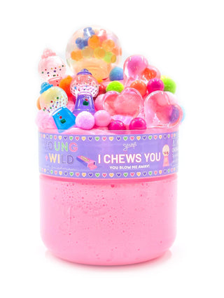 Young Wild and Friedman slime titled "I Chews You" with colorful, stretchy slime texture in a playful container.