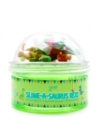 Young Wild and Friedman Slime - Slime-A-Saurus Rex
Green container of slime with dinosaur-themed packaging on a white background