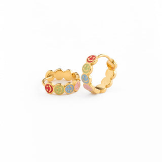Pip Pop Post Earrings - Smiley Face Hoop
Two gold hoop earrings with colorful emoji charms on a white background