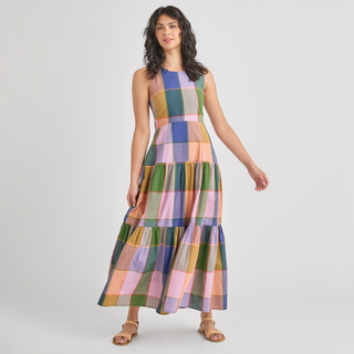 Pink Chicken Womens Sleeveless Parker Dress - Plaid Madras
Woman wearing a multicolored checkered dress on a plain background